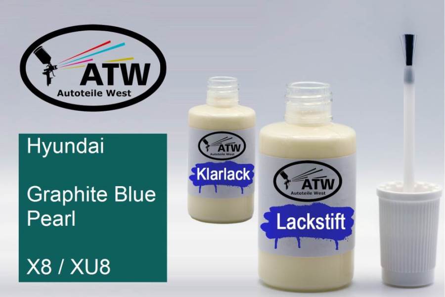 Hyundai, Graphite Blue Pearl, X8 / XU8: 20ml Lackstift + 20ml Klarlack - Set, von ATW Autoteile West.